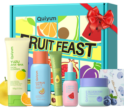 QUIYUM Fruit Skincare for Teens, 5 Daily Routine Beauty Skin Care Sets - Exfoliating, Smooth, Clean, Oil Control, Firm, Hydrating, Glow Up, Facial Skincare Gift Set for Girls, for All Skin Types
